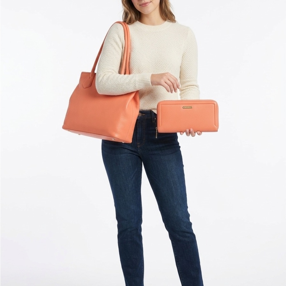 Brahmin Coral Pebbled Leather Tote & Matching Zip-Around Wallet Set
